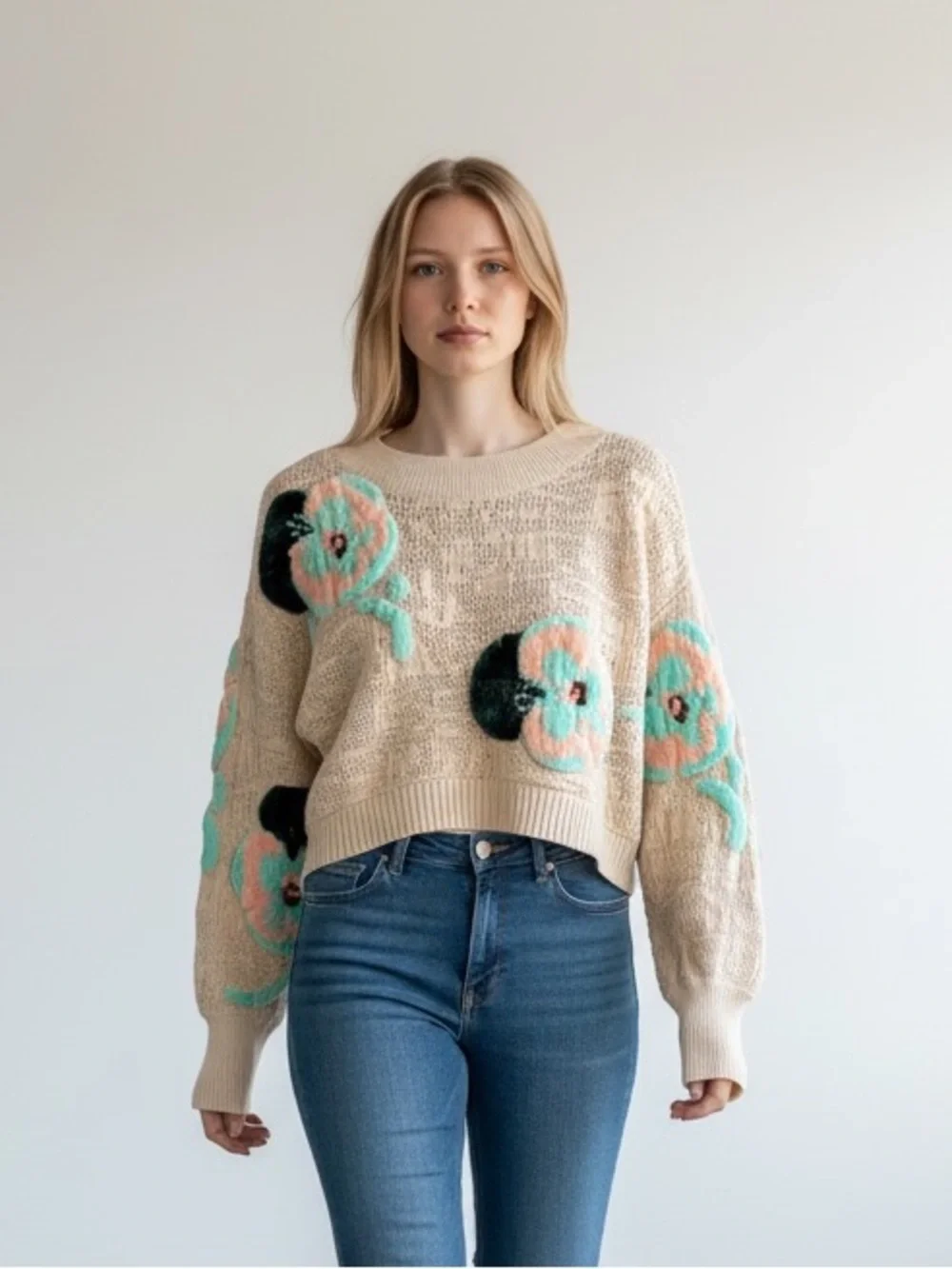 Urban Outfitters Cream Floral Crewneck Sweater with Mint & Peach Accents Size S